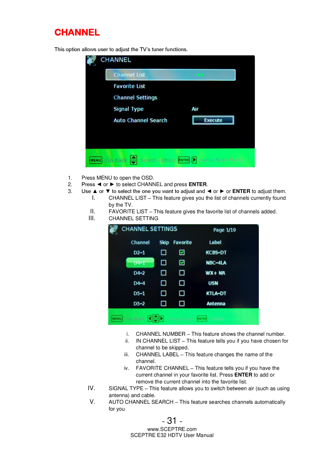 Sceptre Technologies E32 user manual Channel 