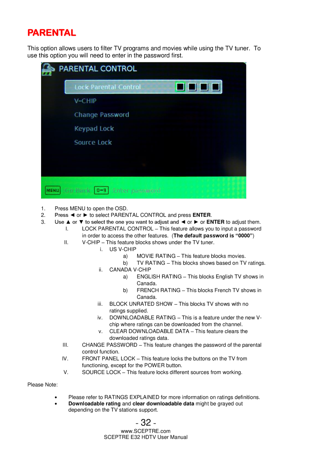 Sceptre Technologies E32 user manual Parental 