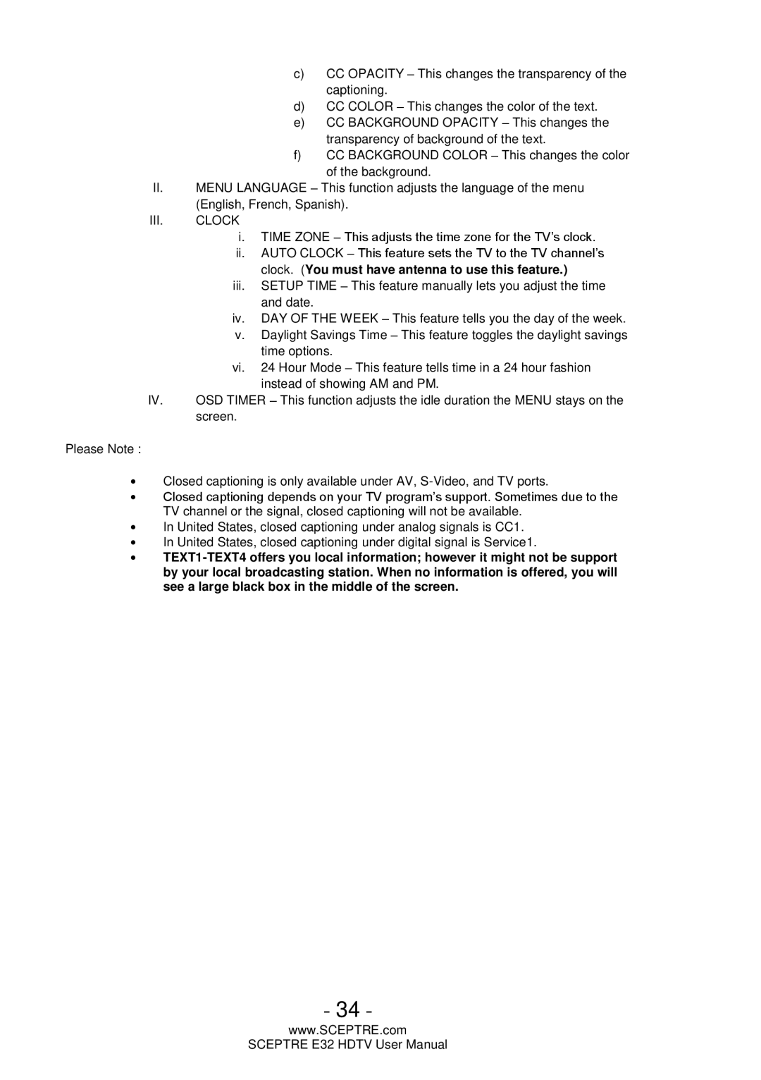 Sceptre Technologies E32 user manual III. Clock 