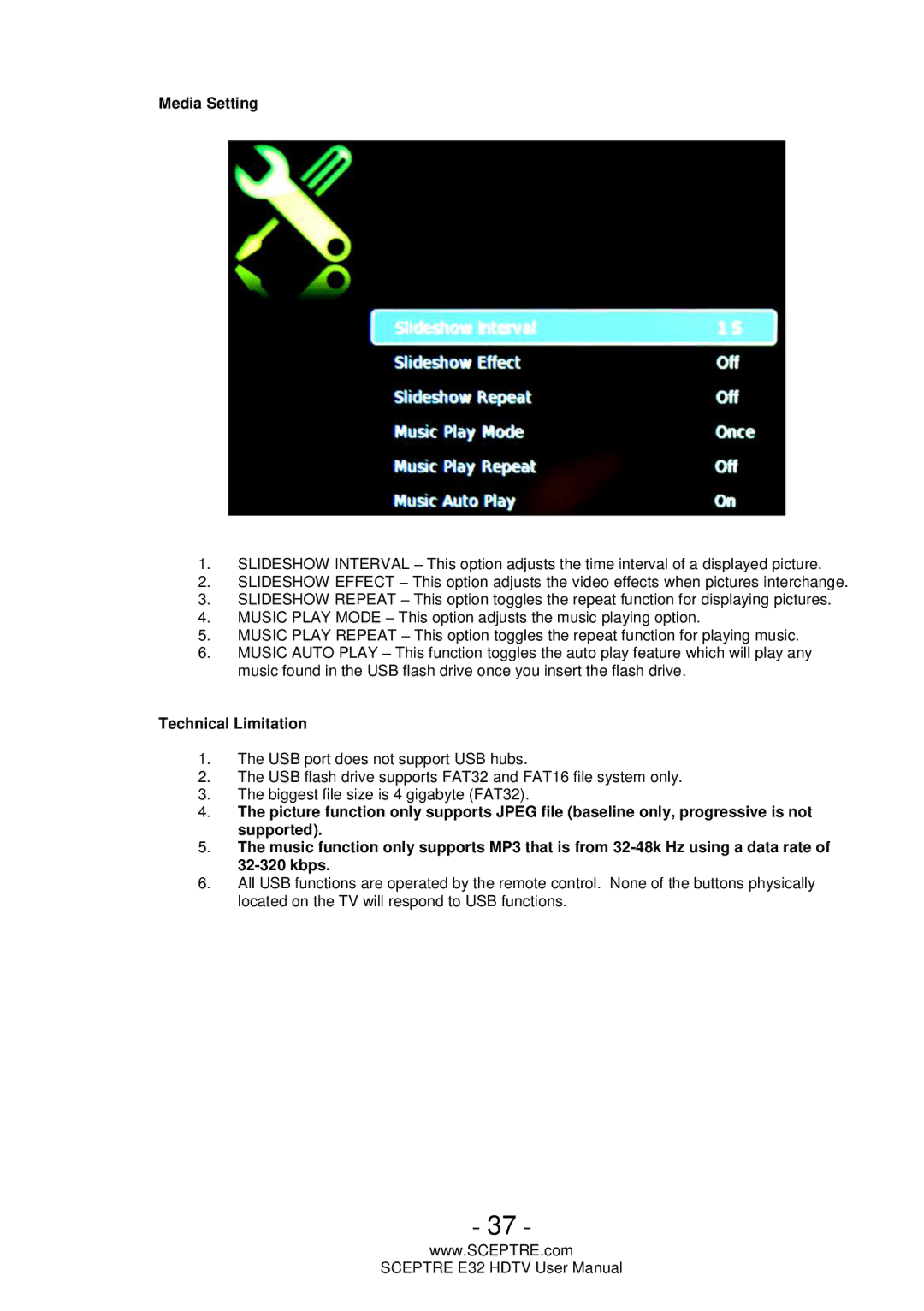 Sceptre Technologies E32 user manual Media Setting 