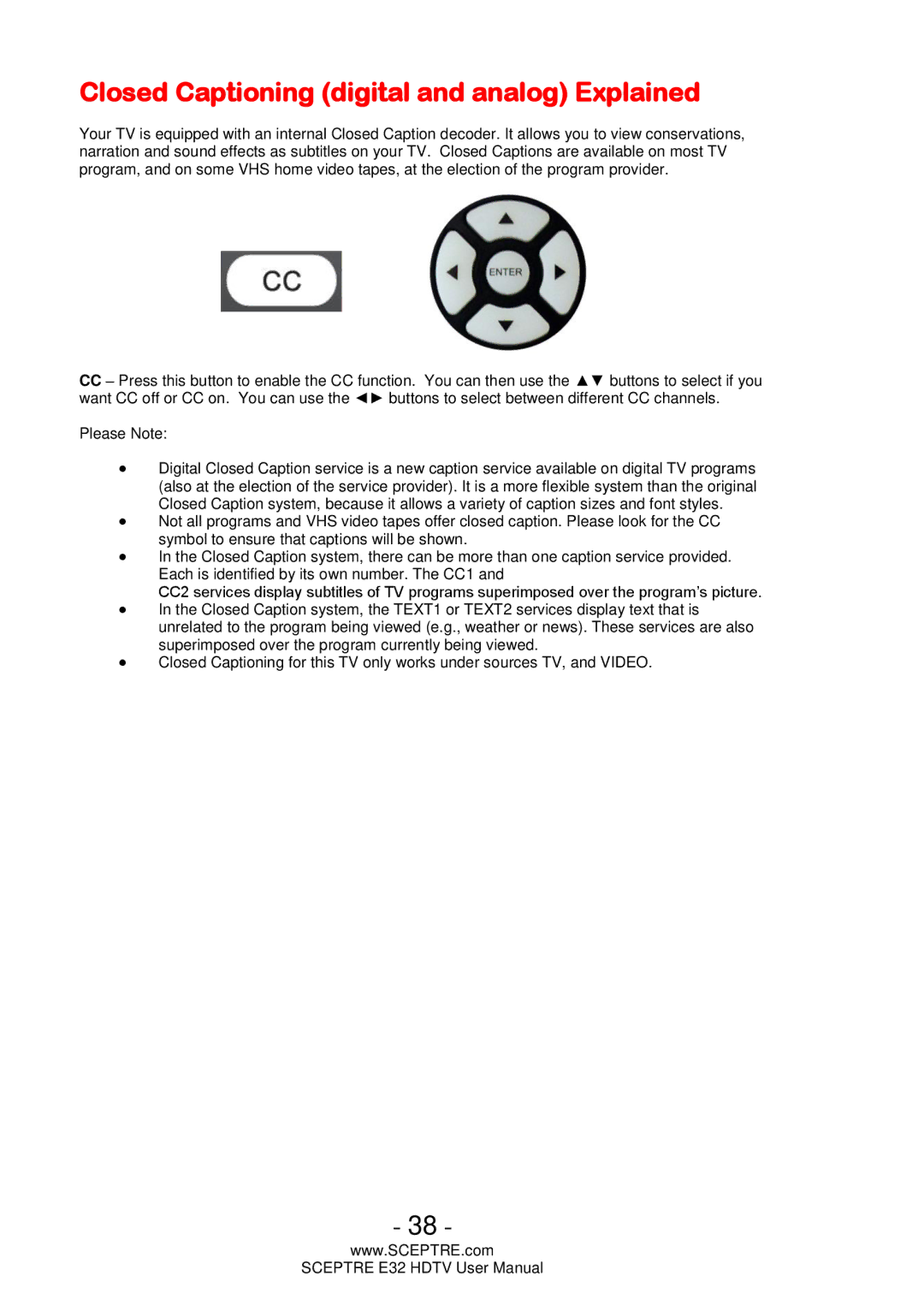 Sceptre Technologies E32 user manual Closed Captioning digital and analog Explained 