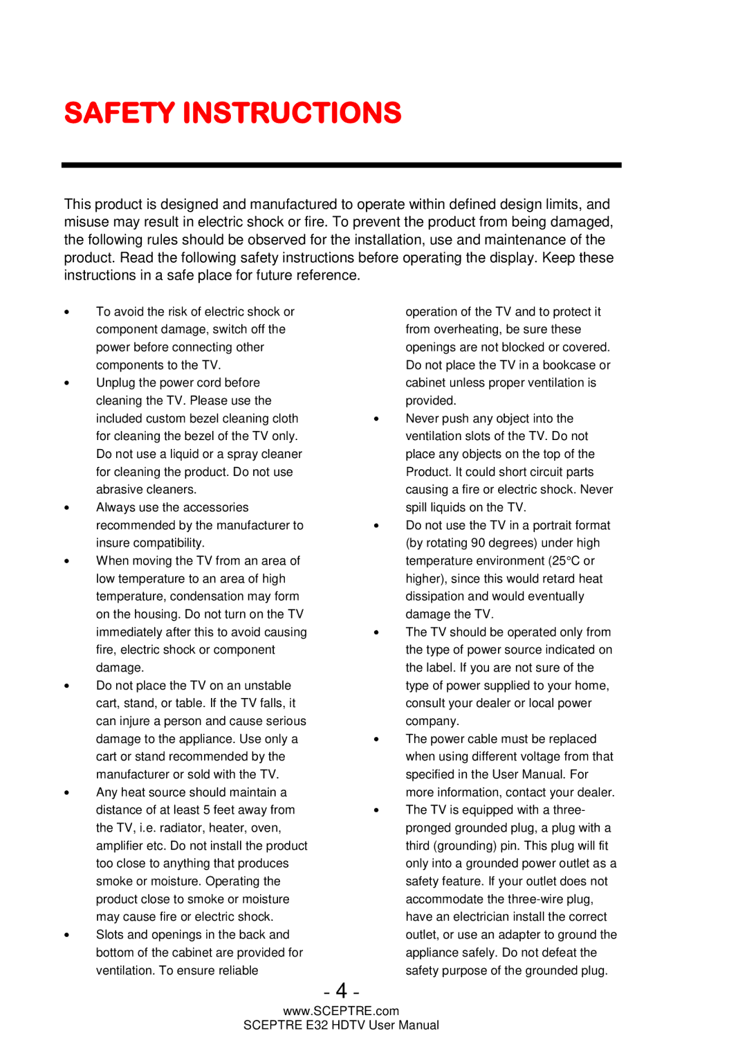 Sceptre Technologies E32 user manual Safety Instructions 