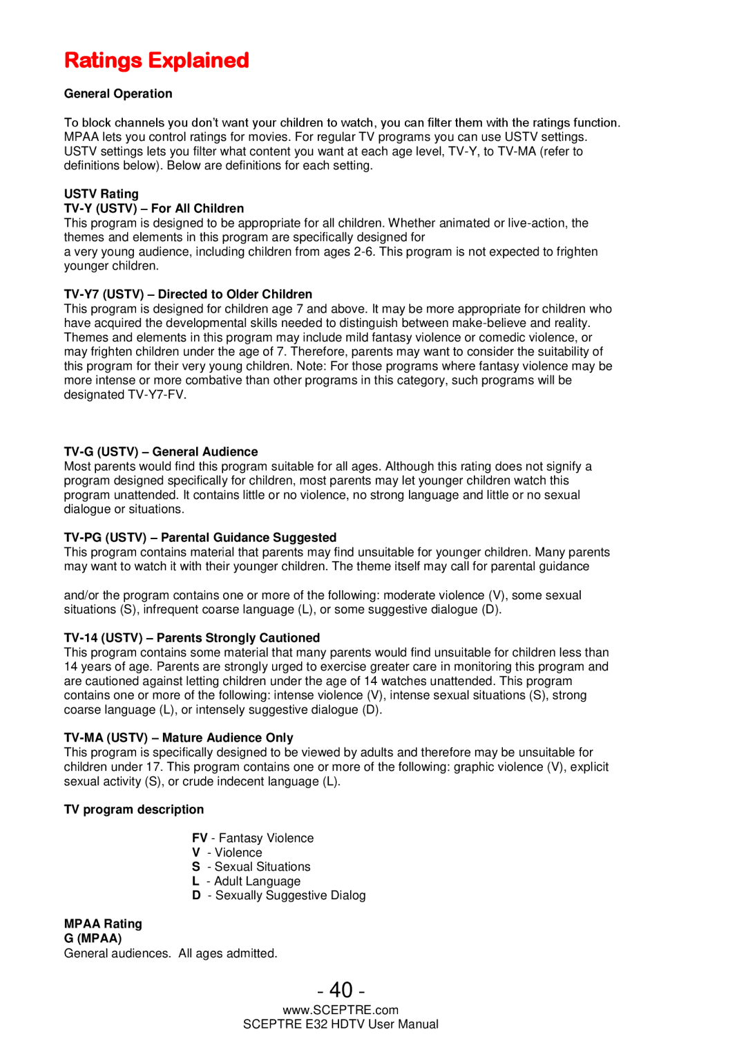 Sceptre Technologies E32 user manual Ratings Explained, General Operation 