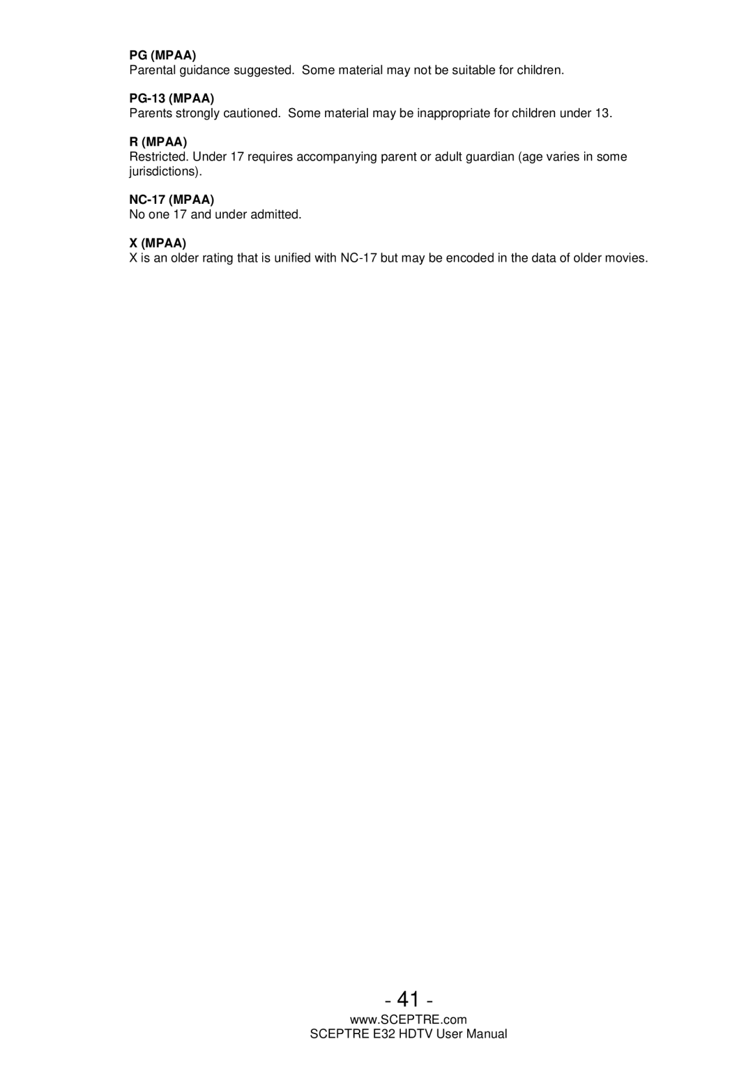 Sceptre Technologies E32 user manual PG Mpaa 