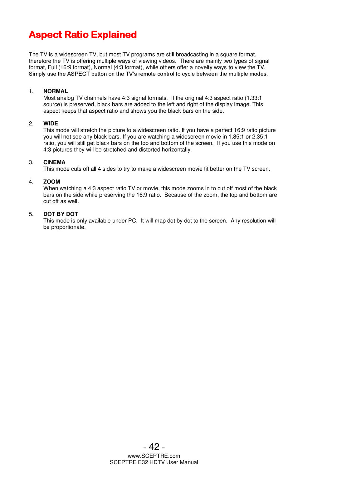 Sceptre Technologies E32 user manual Aspect Ratio Explained, Normal 