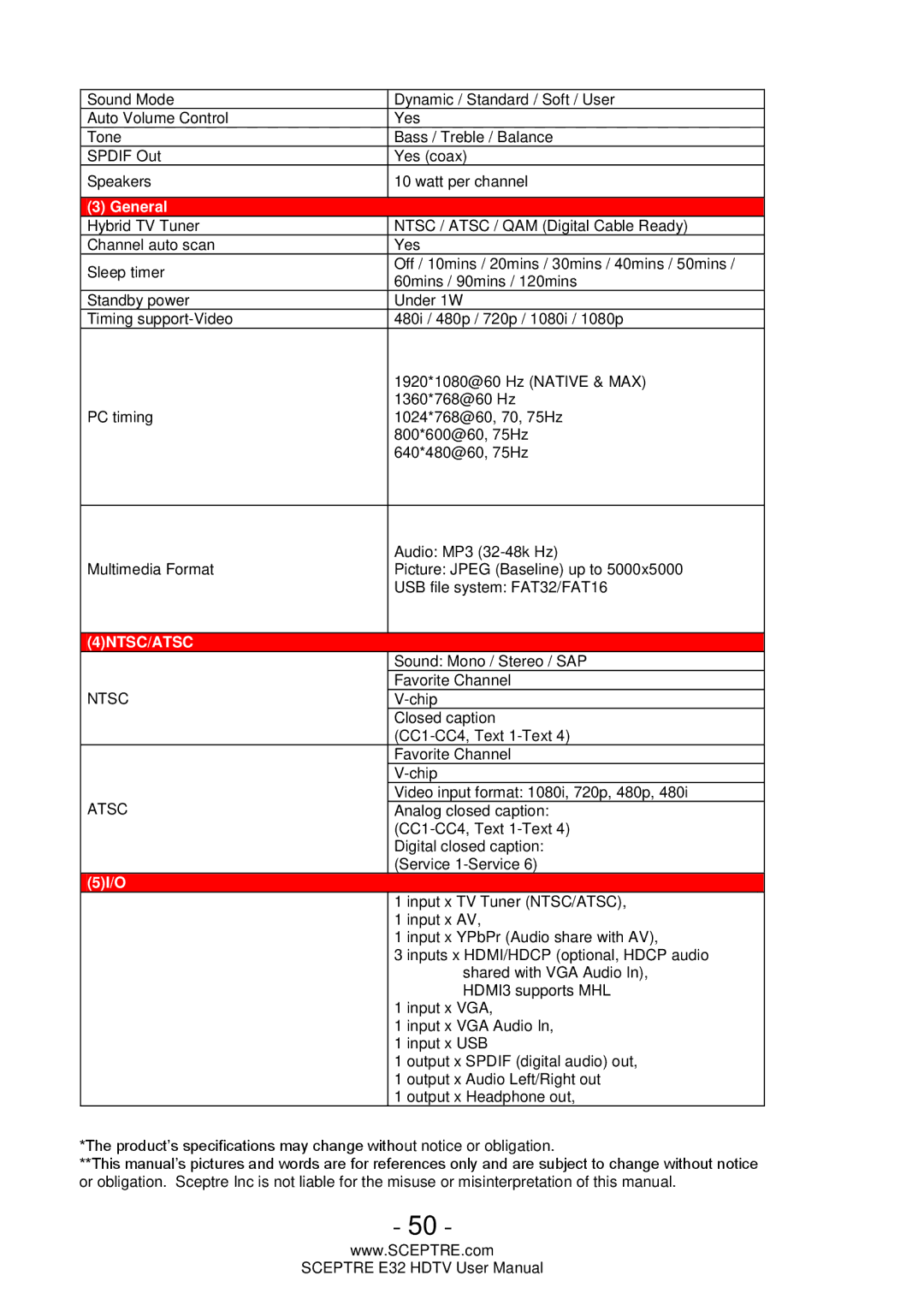 Sceptre Technologies E32 user manual 4NTSC/ATSC 