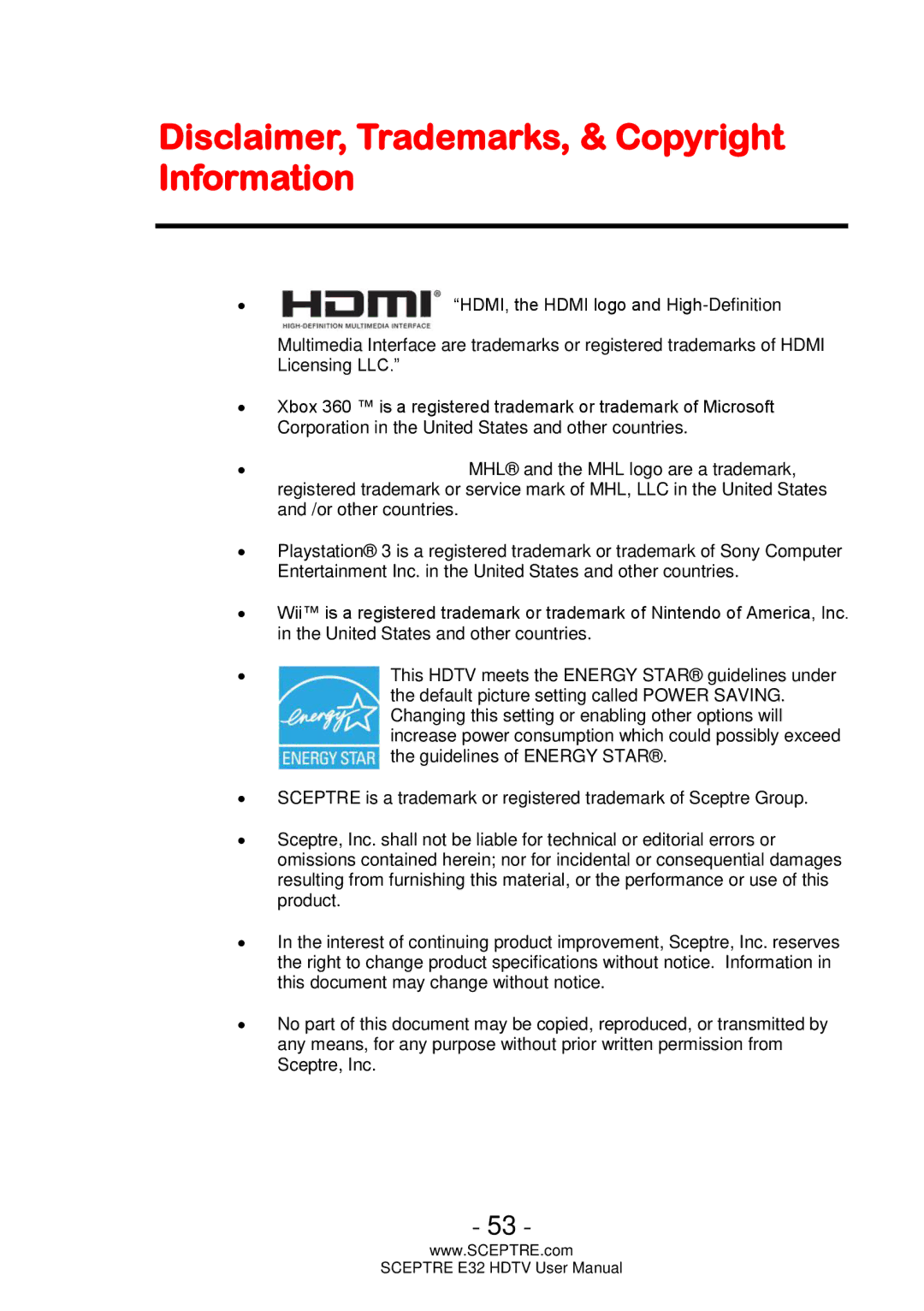 Sceptre Technologies E32 user manual Disclaimer, Trademarks, & Copyright Information 