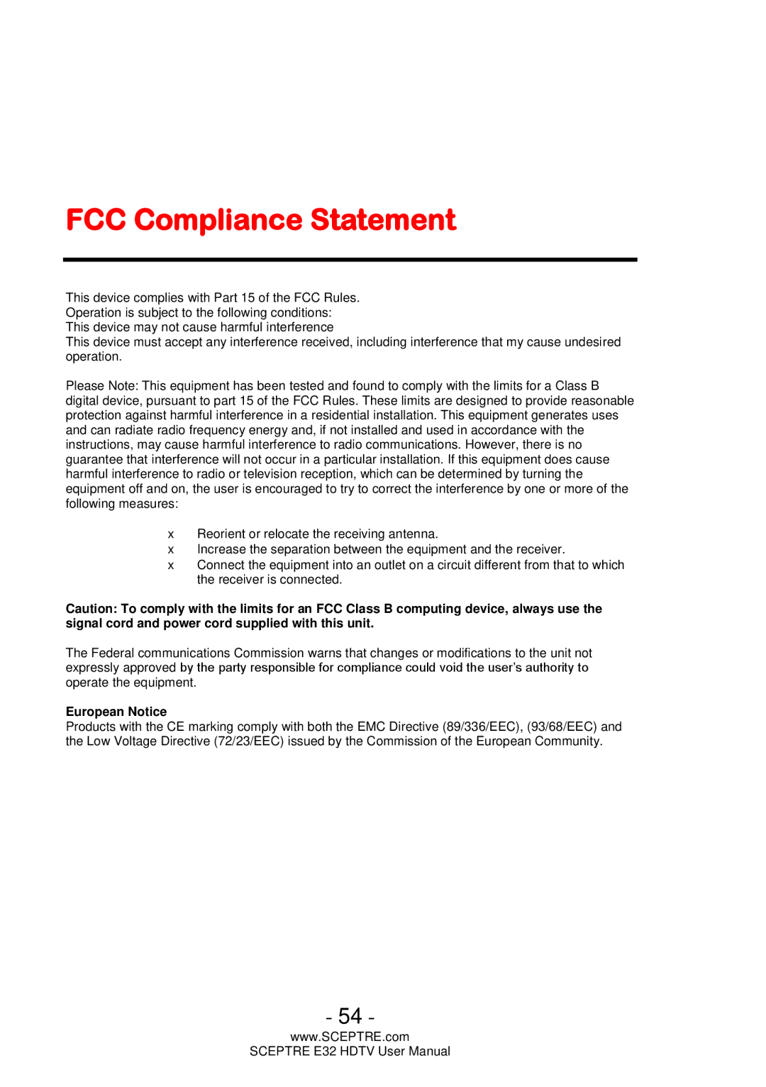 Sceptre Technologies E32 user manual FCC Compliance Statement, European Notice 