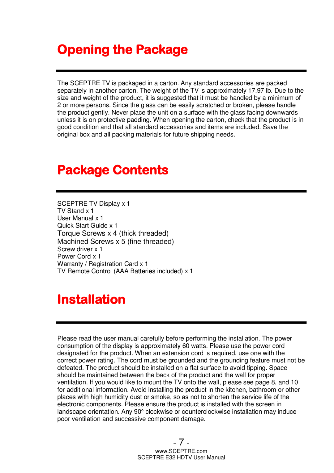 Sceptre Technologies E32 user manual Opening the Package, Package Contents, Installation 