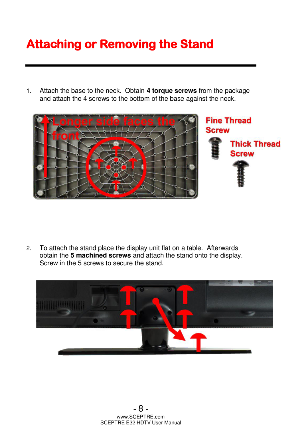 Sceptre Technologies E32 user manual Attaching or Removing the Stand 