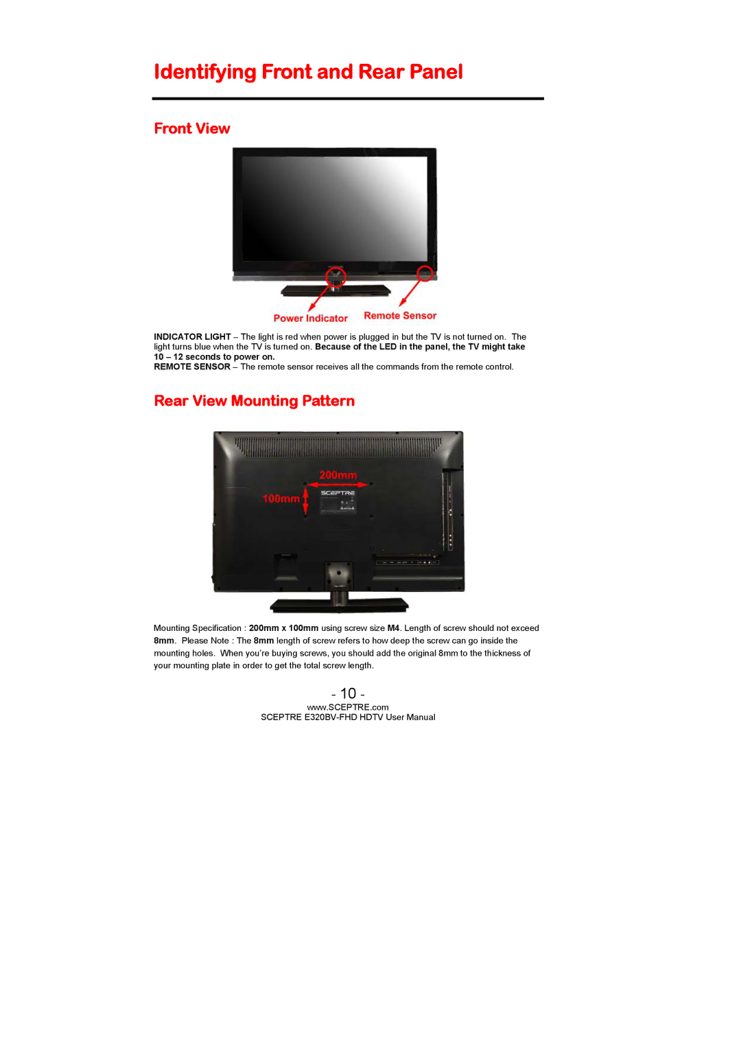 Sceptre Technologies E320BV-FHD user manual Identifying Front and Rear Panel, Front View, Rear View Mounting Pattern 