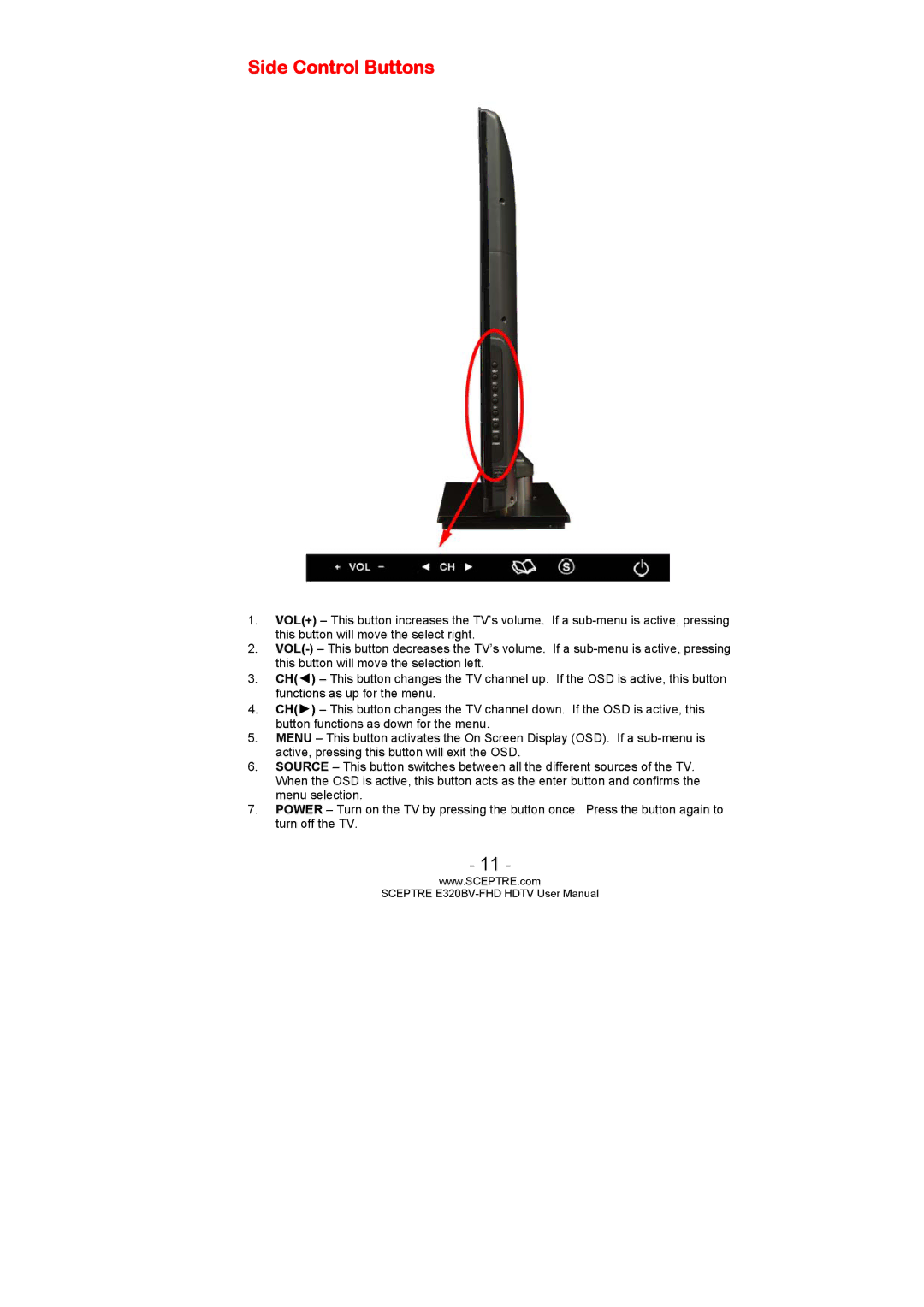 Sceptre Technologies E320BV-FHD user manual Side Control Buttons 