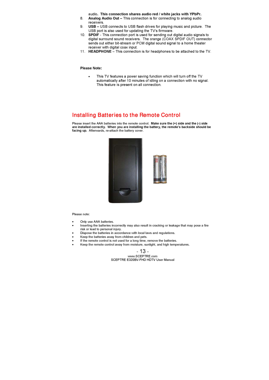 Sceptre Technologies E320BV-FHD user manual Installing Batteries to the Remote Control, Please Note 