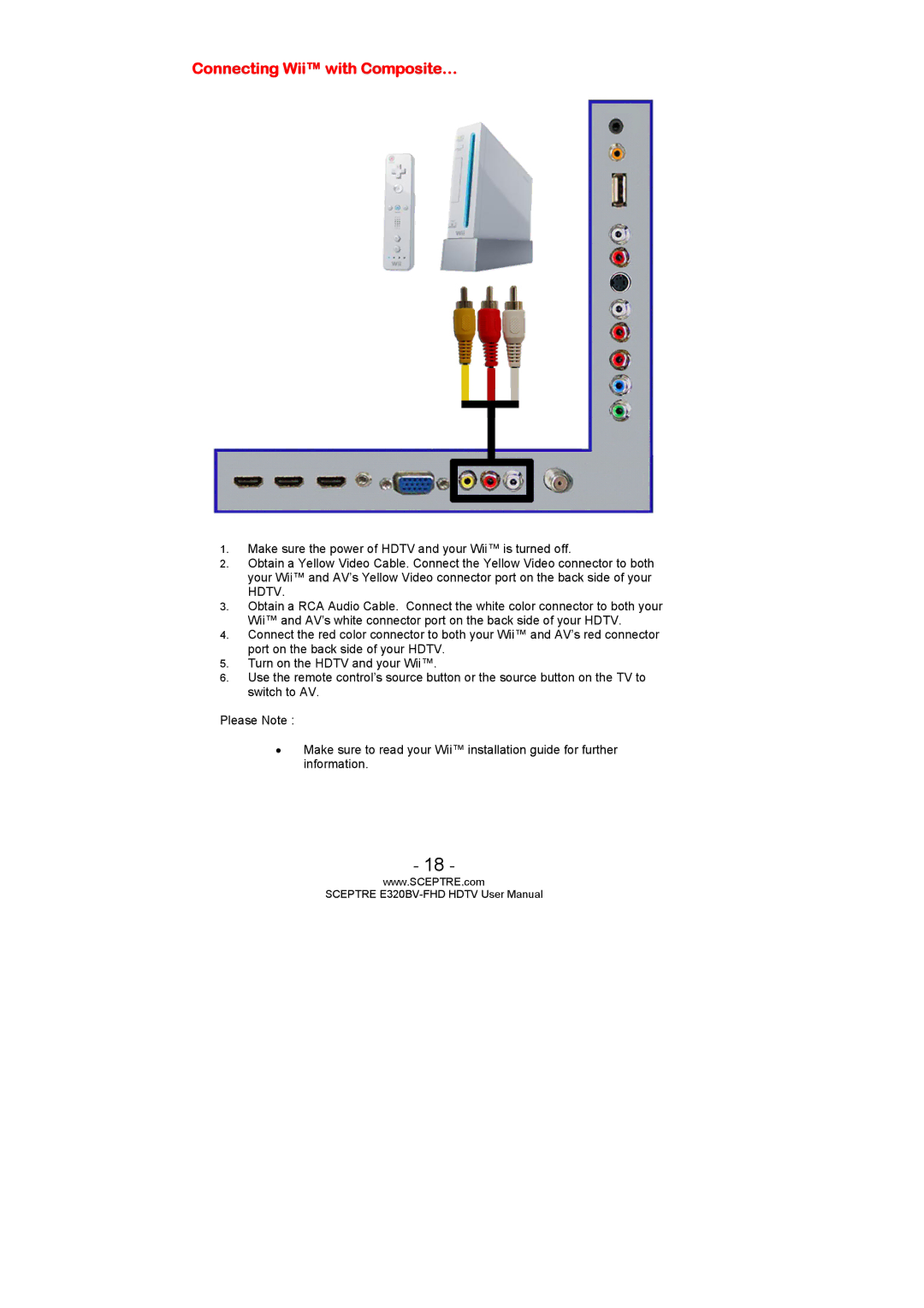 Sceptre Technologies E320BV-FHD user manual Connecting Wii with Composite… 