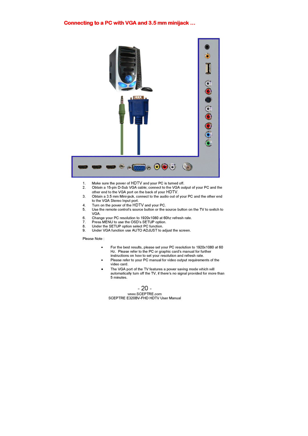 Sceptre Technologies E320BV-FHD user manual Connecting to a PC with VGA and 3.5 mm minijack … 