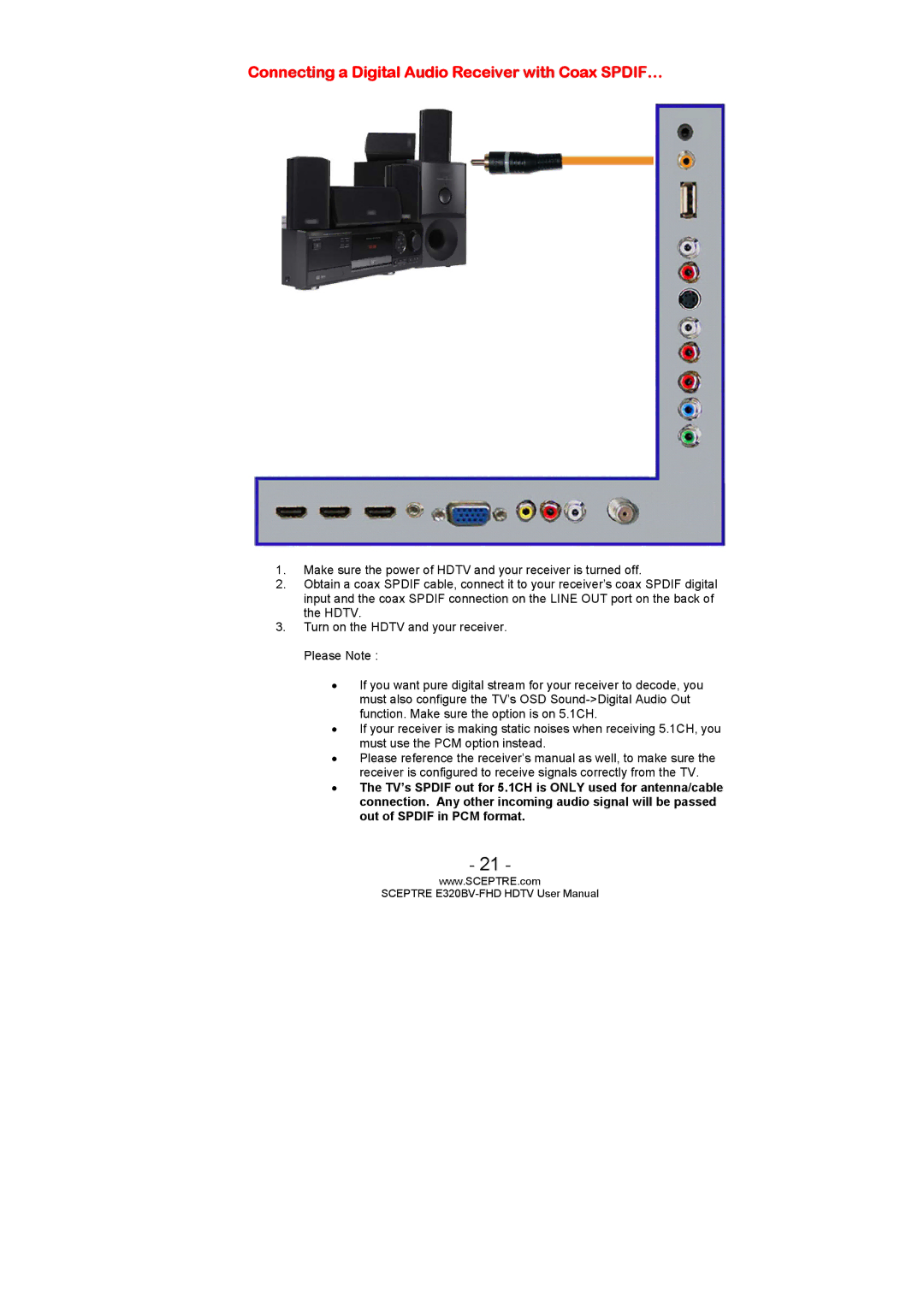 Sceptre Technologies E320BV-FHD user manual Connecting a Digital Audio Receiver with Coax SPDIF… 