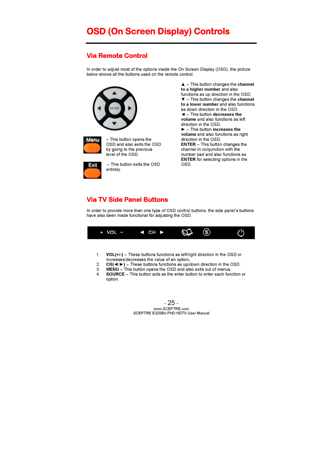 Sceptre Technologies E320BV-FHD user manual OSD On Screen Display Controls, Via Remote Control, Via TV Side Panel Buttons 