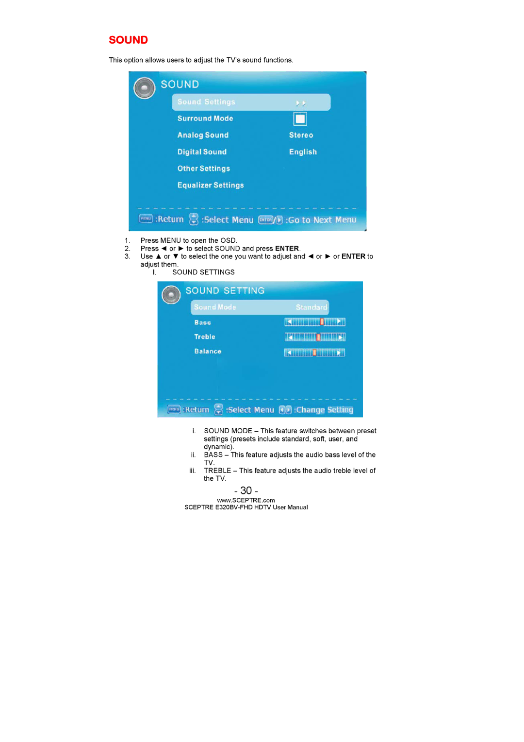 Sceptre Technologies E320BV-FHD user manual Sound Settings 