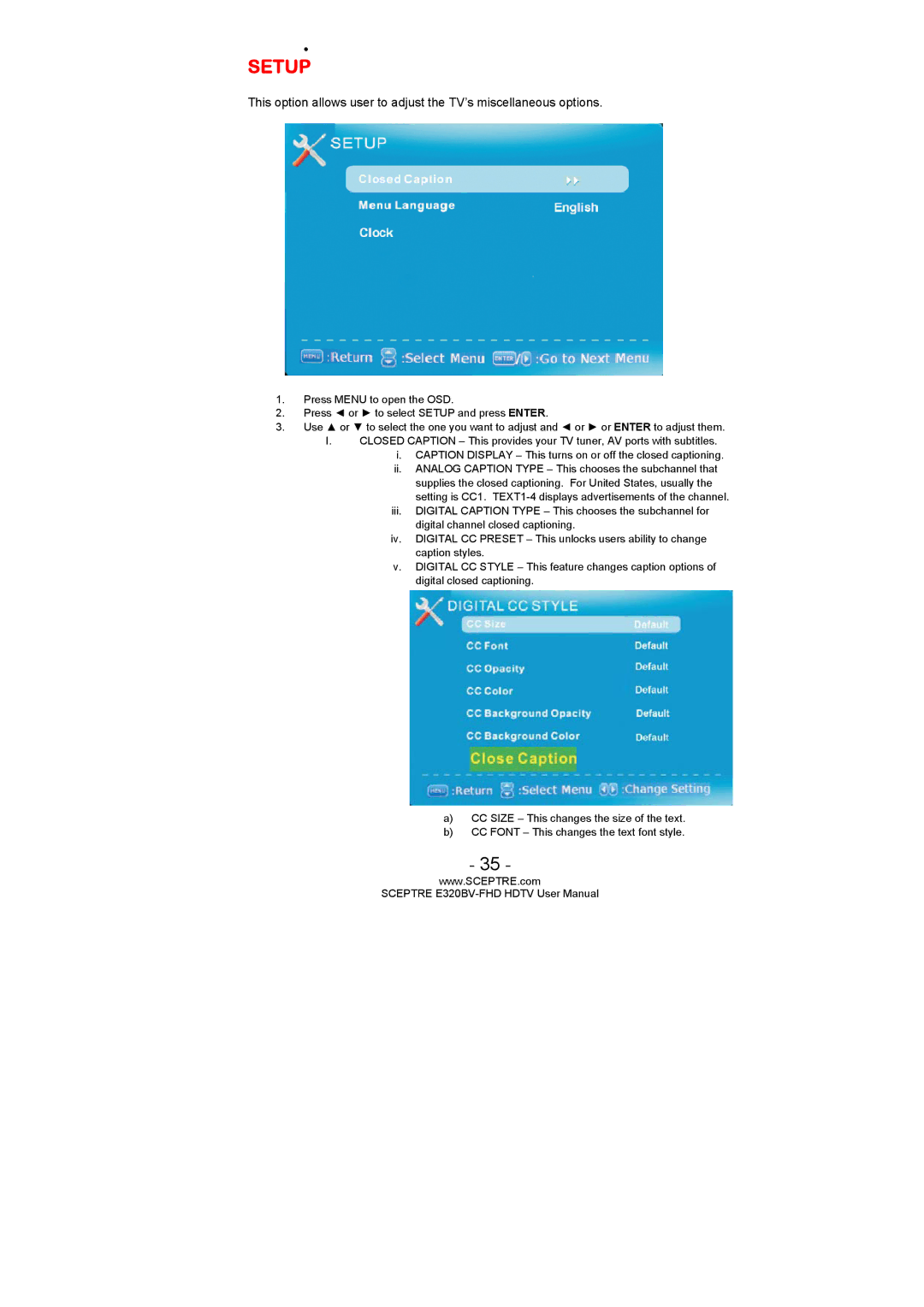 Sceptre Technologies E320BV-FHD user manual Setup 