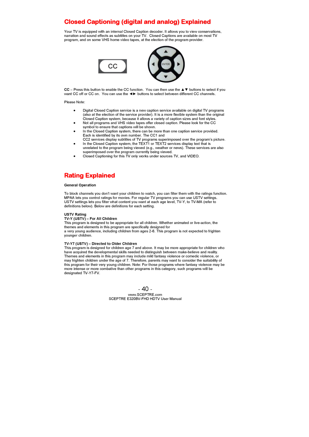 Sceptre Technologies E320BV-FHD user manual Closed Captioning digital and analog Explained, Rating Explained 