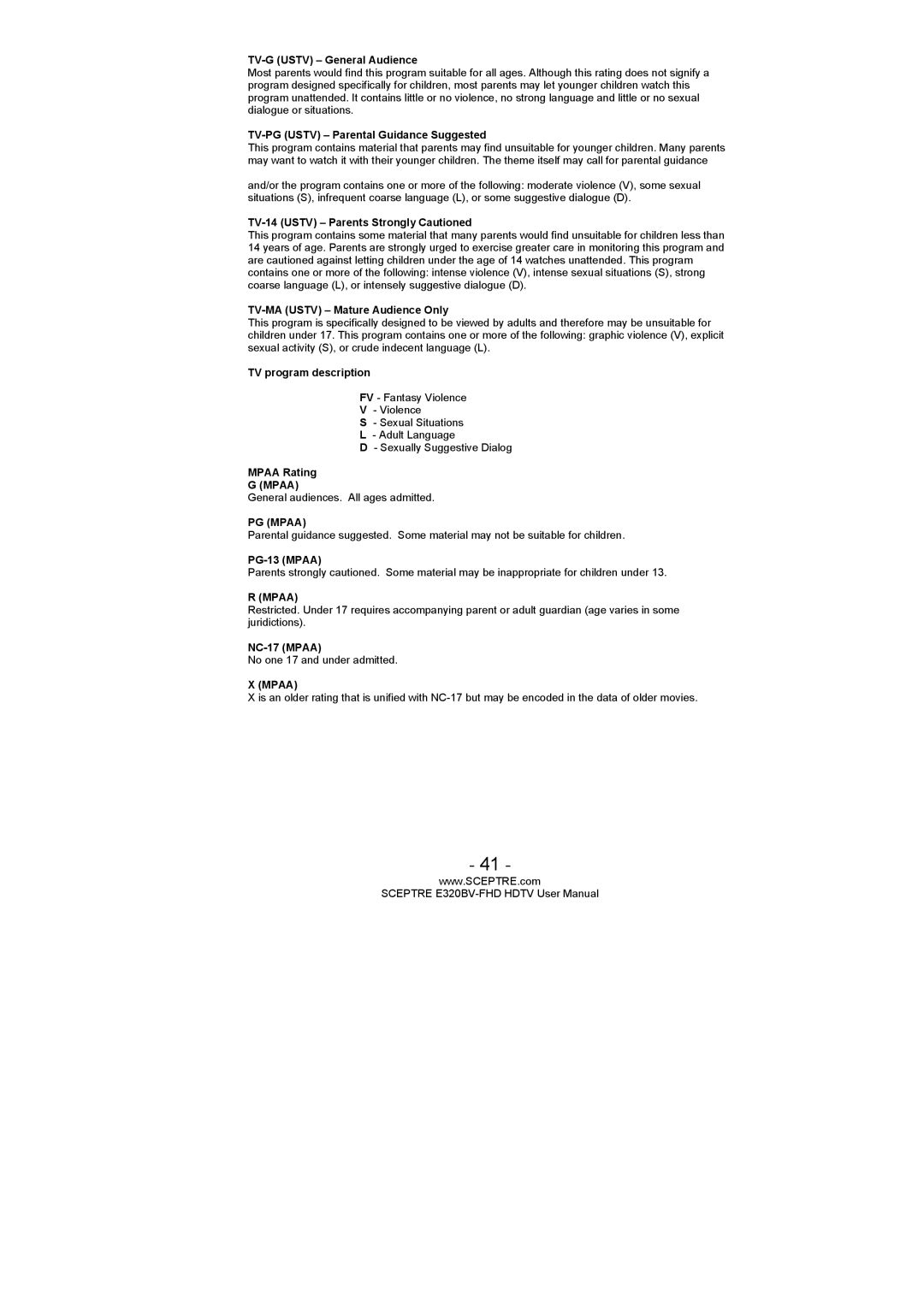 Sceptre Technologies E320BV-FHD user manual Mpaa 