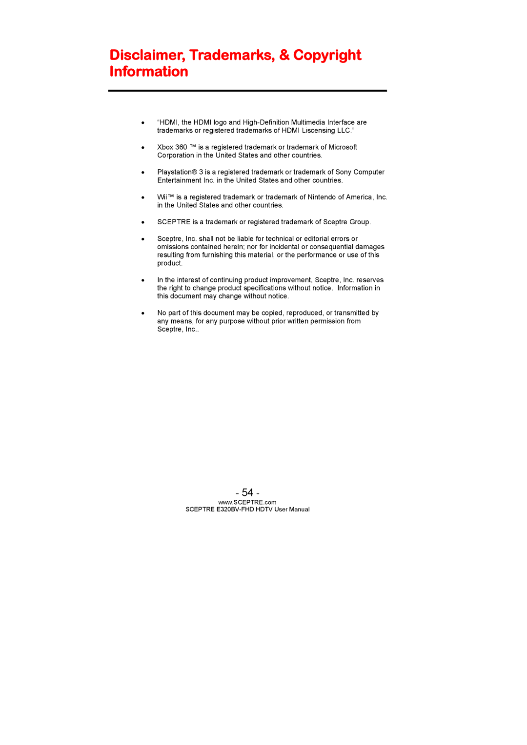 Sceptre Technologies E320BV-FHD user manual Disclaimer, Trademarks, & Copyright Information 