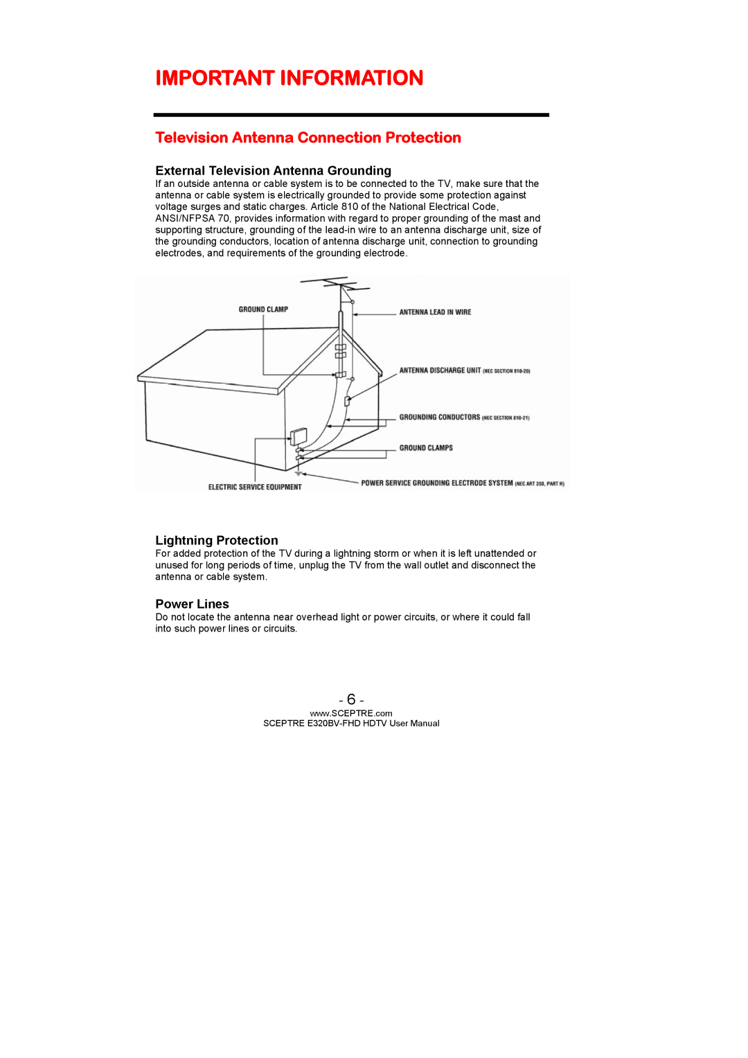 Sceptre Technologies E320BV-FHD user manual Television Antenna Connection Protection, External Television Antenna Grounding 