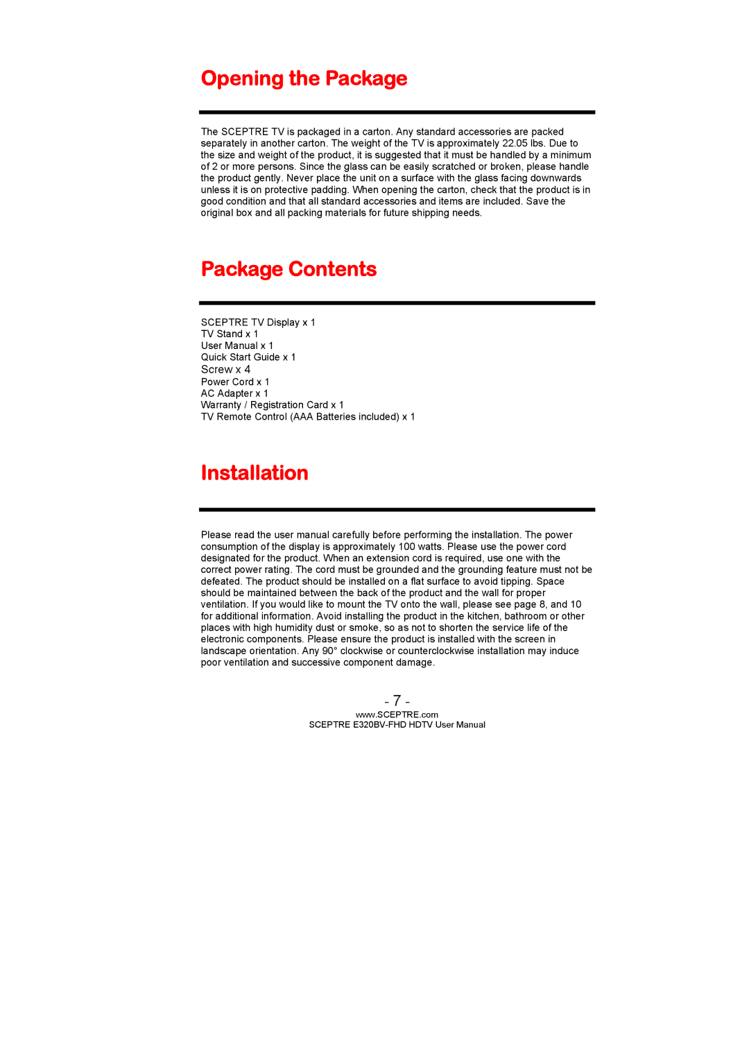 Sceptre Technologies E320BV-FHD user manual Opening the Package, Package Contents, Installation 