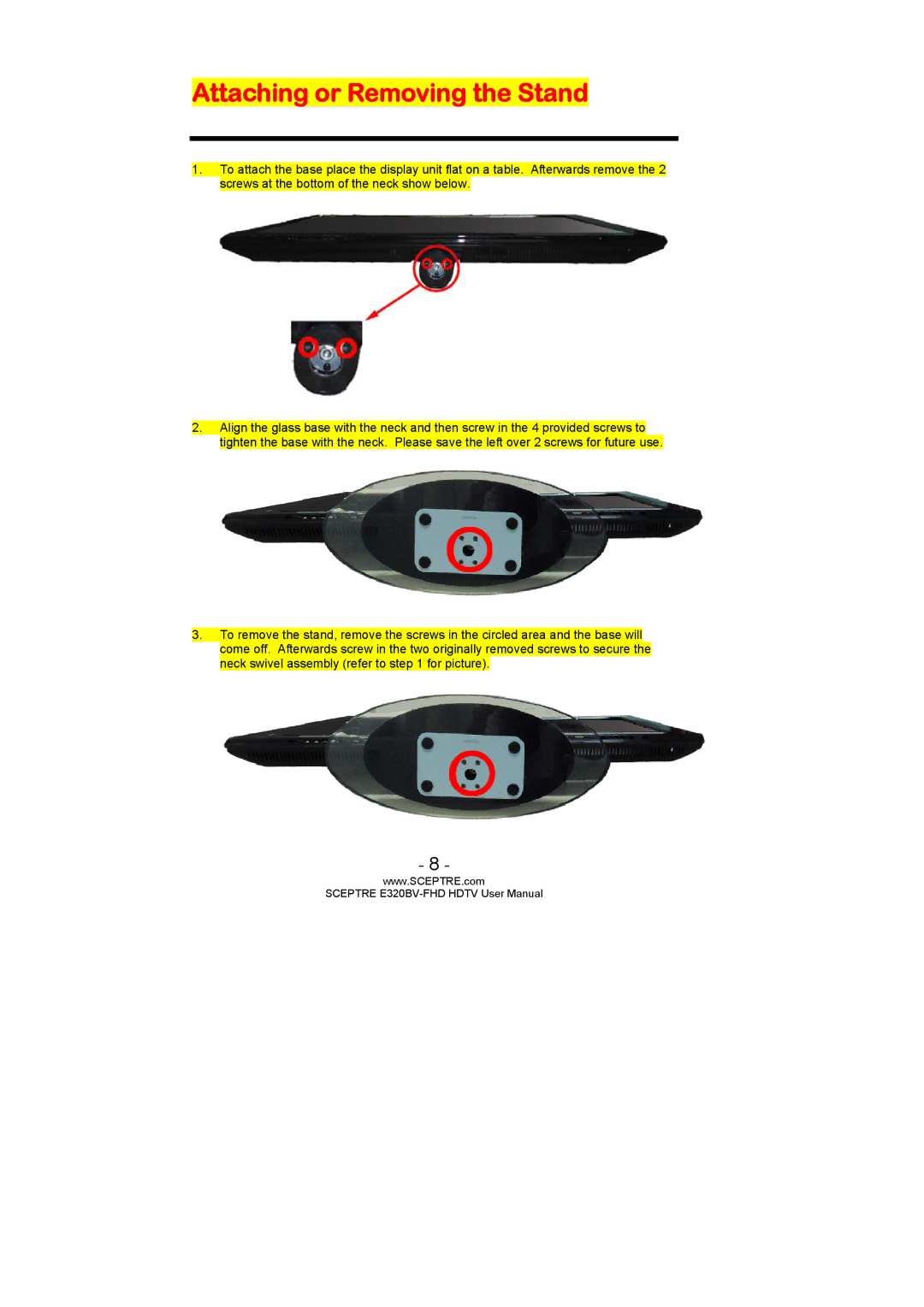 Sceptre Technologies E320BV-FHD user manual Attaching or Removing the Stand 