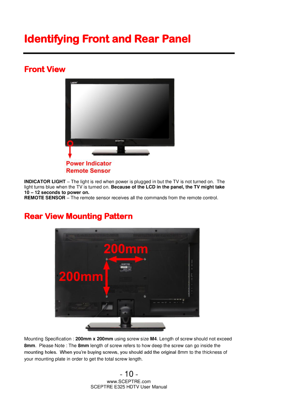 Sceptre Technologies E325 user manual Identifying Front and Rear Panel, Front View, Rear View Mounting Pattern 