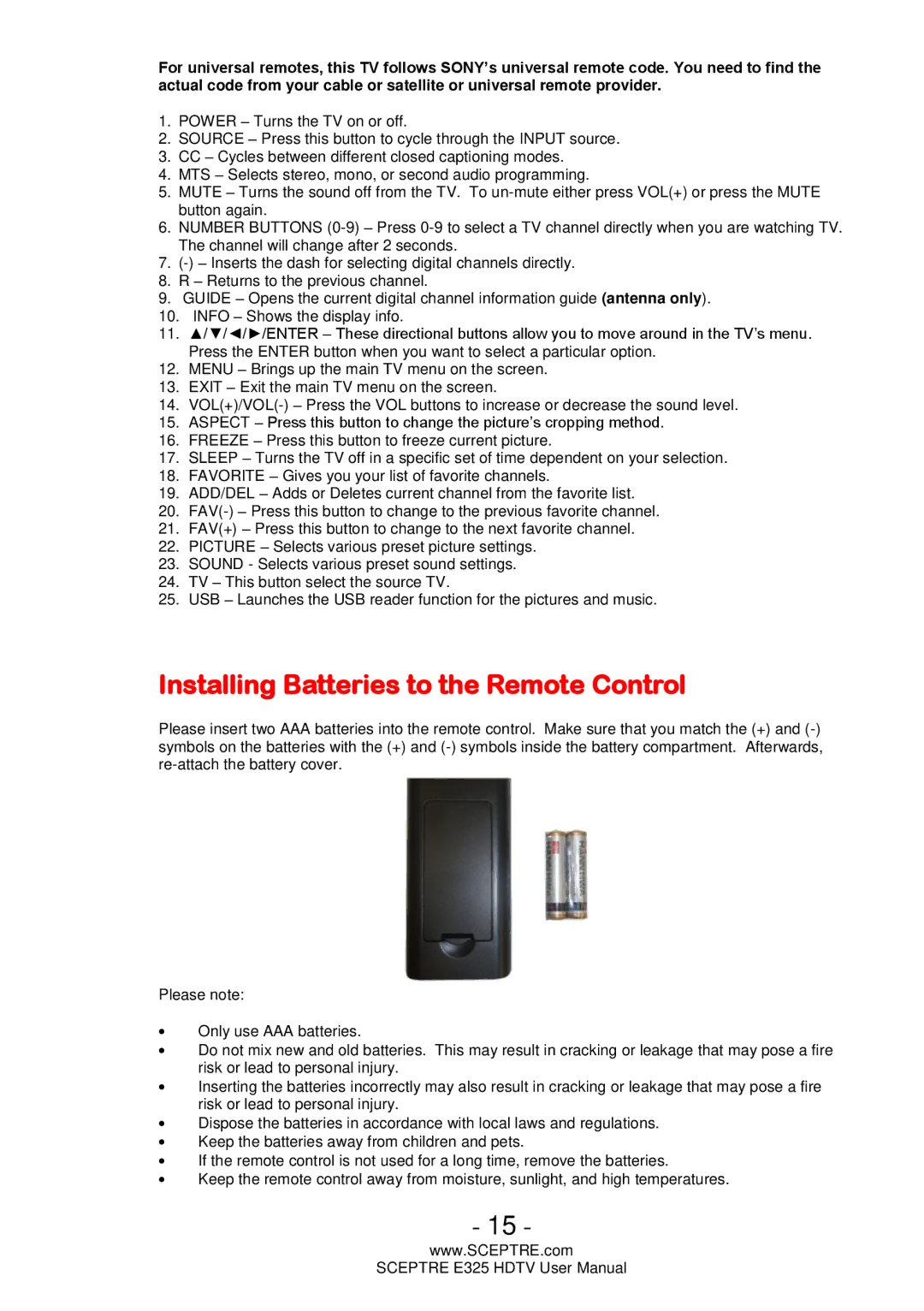 Sceptre Technologies E325 user manual Installing Batteries to the Remote Control 