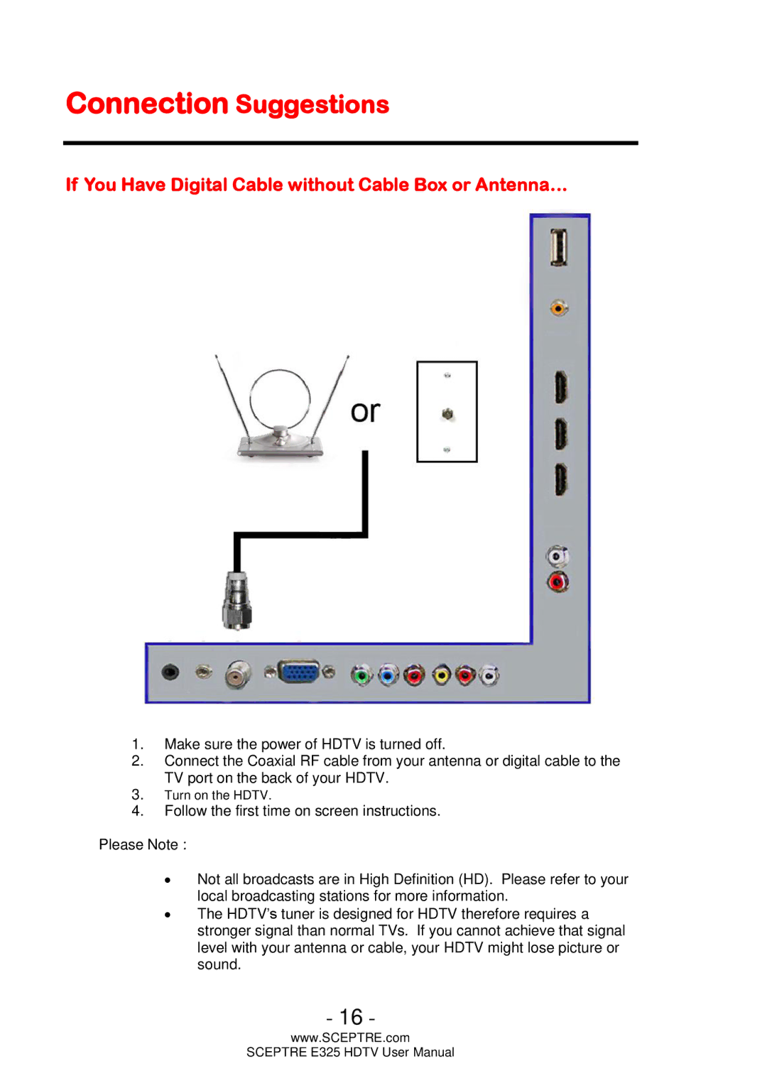 Sceptre Technologies E325 user manual Connection Suggestions, If You Have Digital Cable without Cable Box or Antenna… 