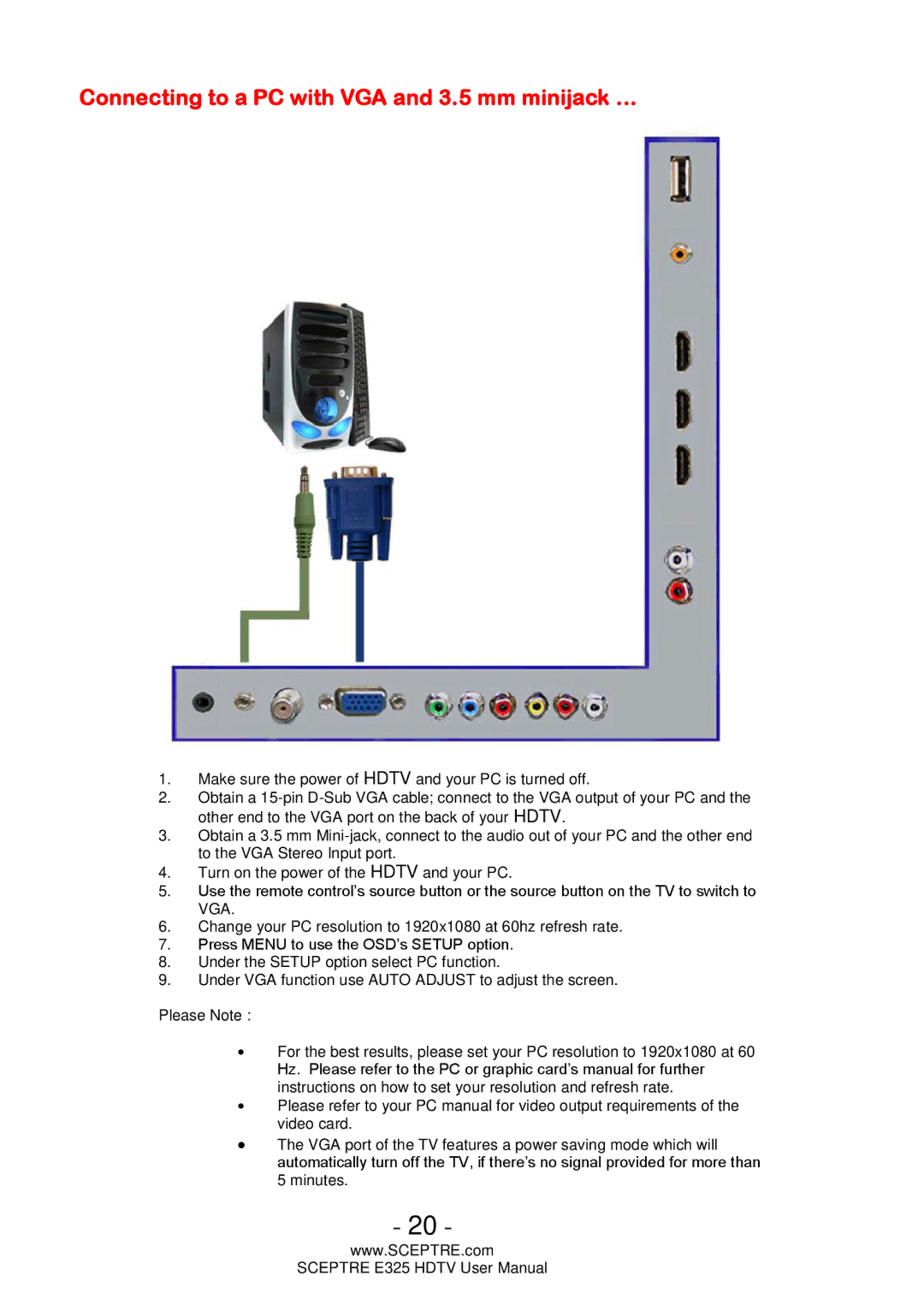 Sceptre Technologies E325 user manual Connecting to a PC with VGA and 3.5 mm minijack … 