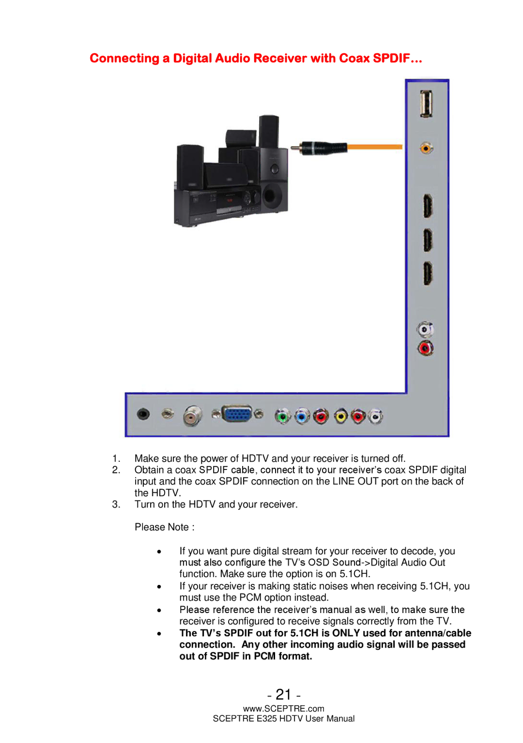 Sceptre Technologies E325 user manual Connecting a Digital Audio Receiver with Coax SPDIF… 