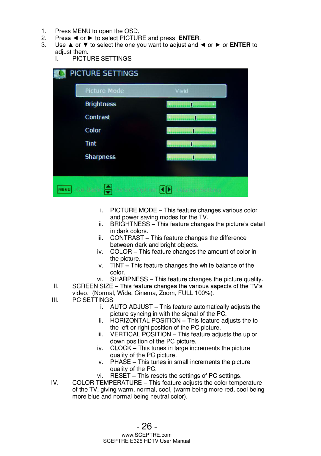 Sceptre Technologies E325 user manual Picture Settings, III. PC Settings 