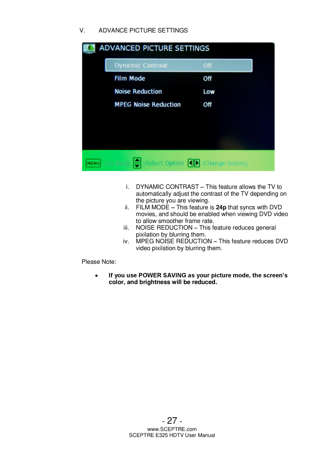 Sceptre Technologies E325 user manual Advance Picture Settings 