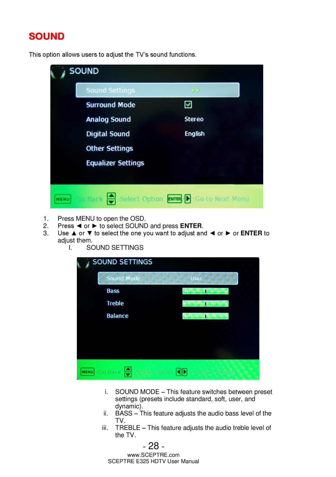 Sceptre Technologies E325 user manual Sound Settings 