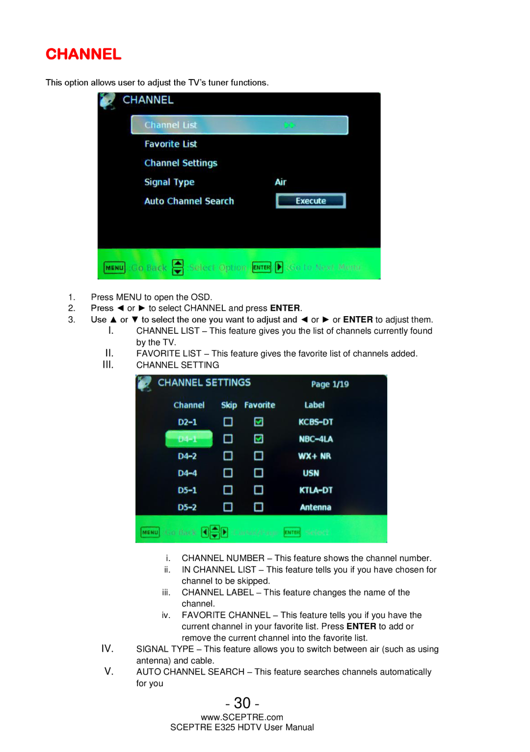 Sceptre Technologies E325 user manual Channel 