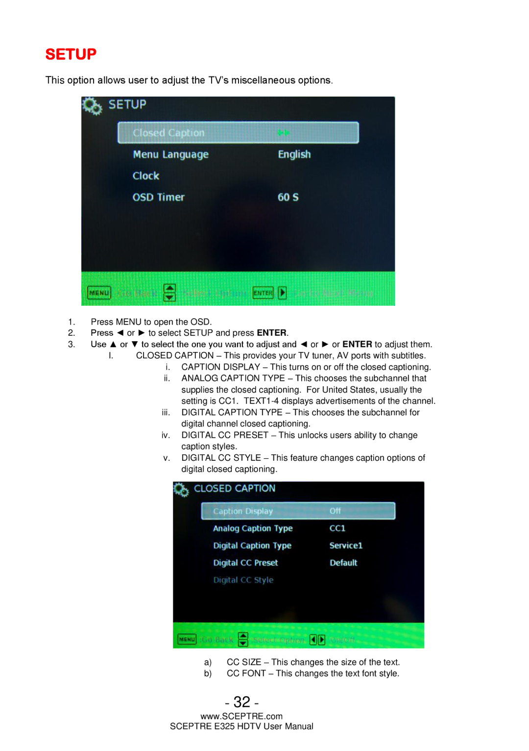 Sceptre Technologies E325 user manual Setup 