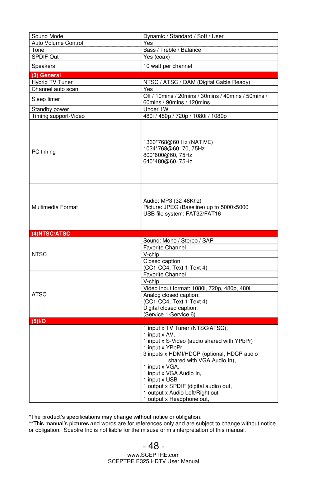 Sceptre Technologies E325 user manual 4NTSC/ATSC 