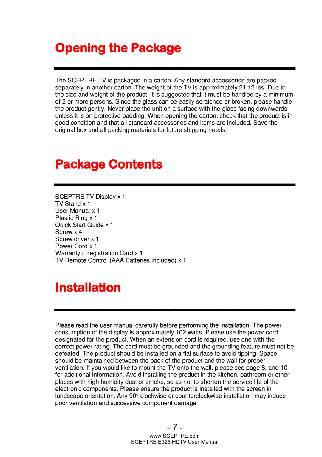 Sceptre Technologies E325 user manual Opening the Package, Package Contents, Installation 