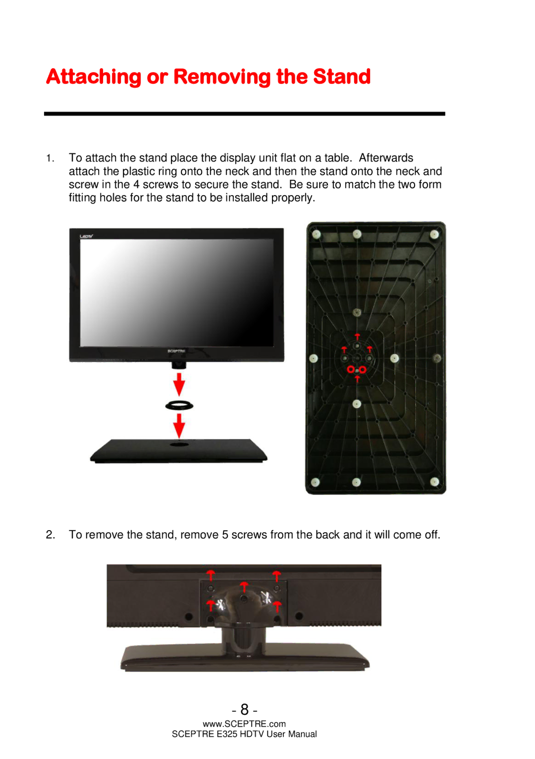 Sceptre Technologies E325 user manual Attaching or Removing the Stand 