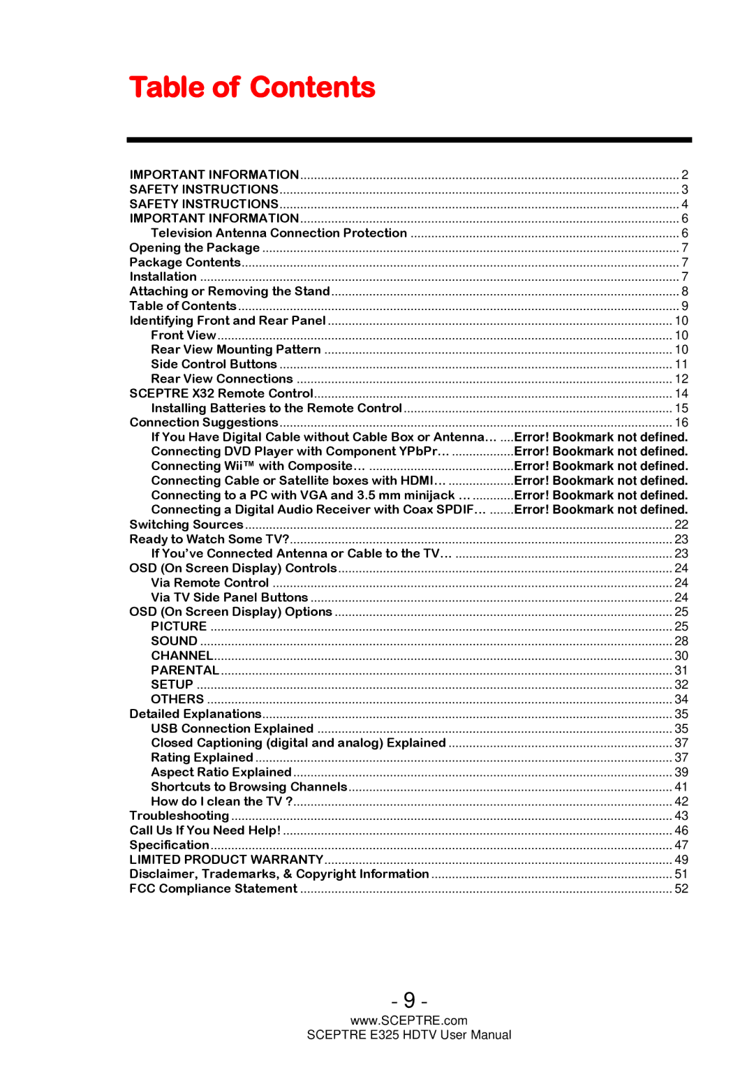 Sceptre Technologies E325 user manual Table of Contents 