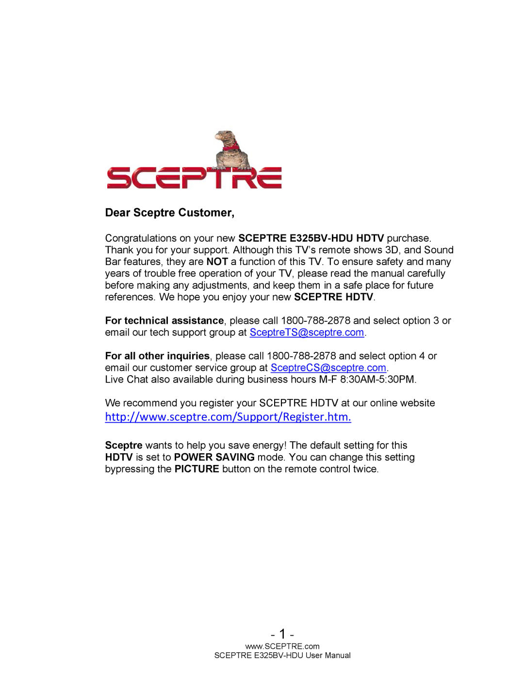 Sceptre Technologies E325BV-HDU user manual Dear Sceptre Customer 