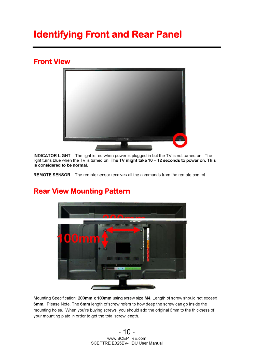 Sceptre Technologies E325BV-HDU user manual Identifying Front and Rear Panel, Front View, Rear View Mounting Pattern 