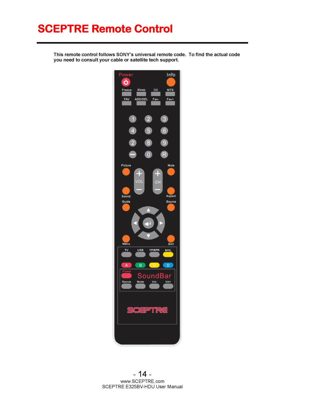 Sceptre Technologies E325BV-HDU user manual Sceptre Remote Control 