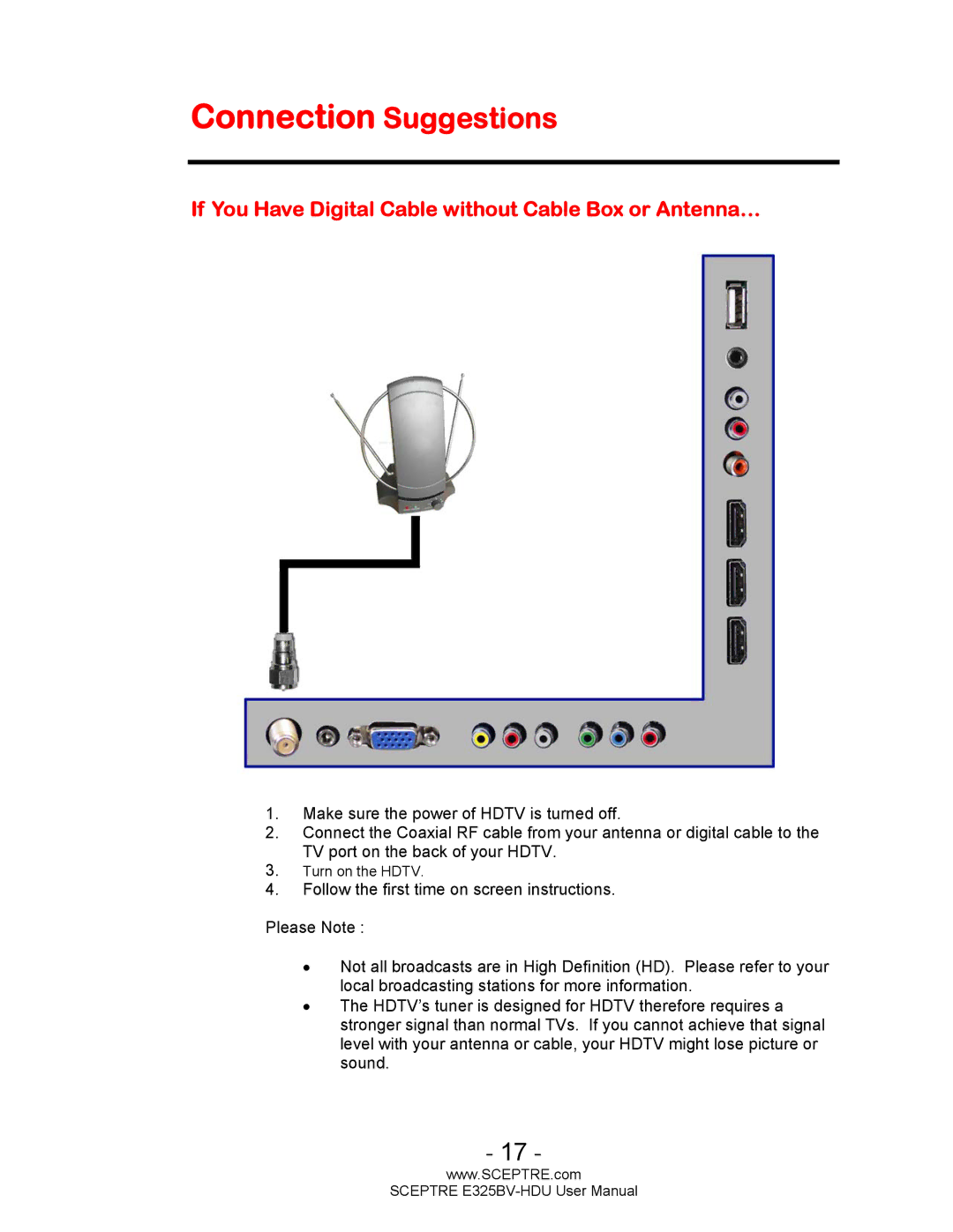 Sceptre Technologies E325BV-HDU user manual Connection Suggestions, If You Have Digital Cable without Cable Box or Antenna… 