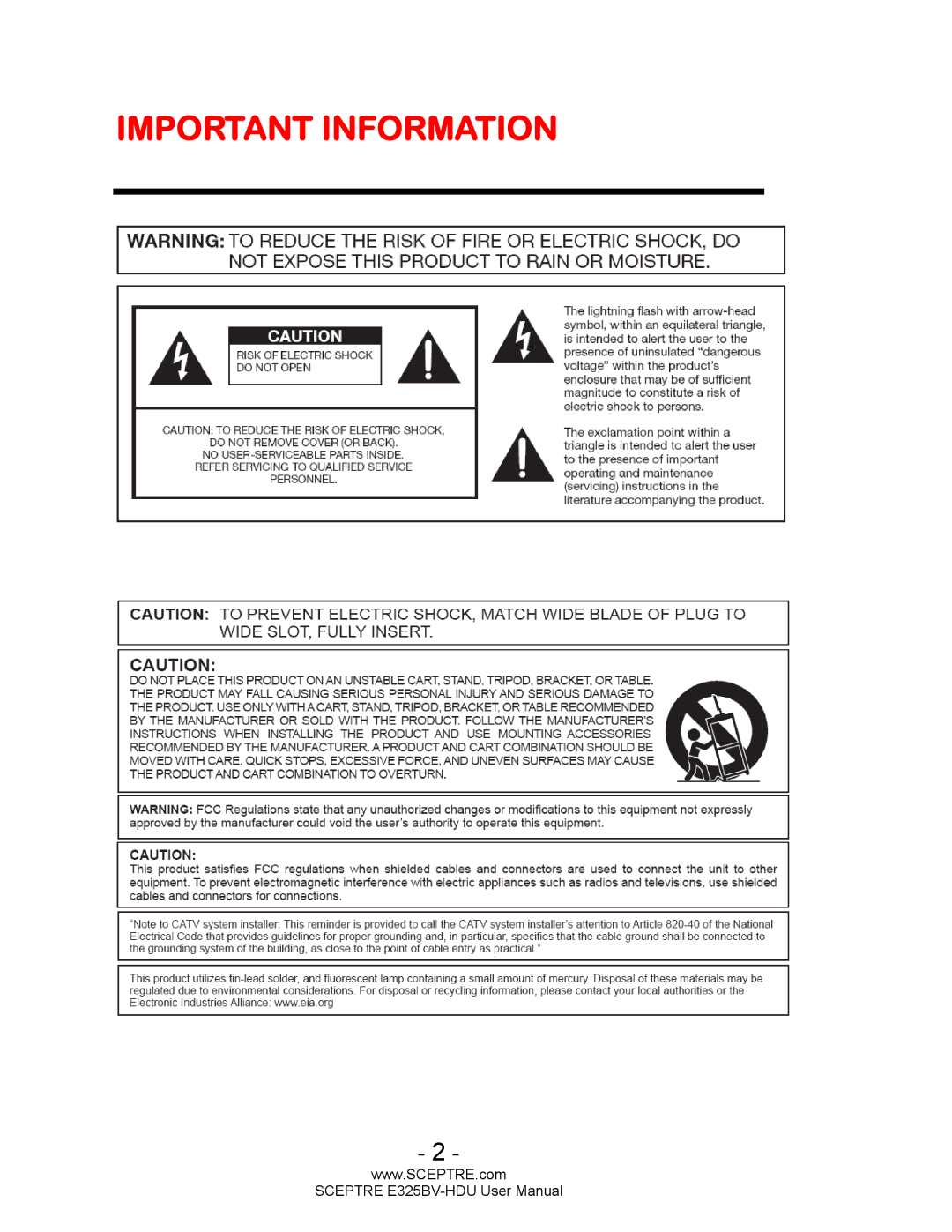 Sceptre Technologies E325BV-HDU user manual Important Information 