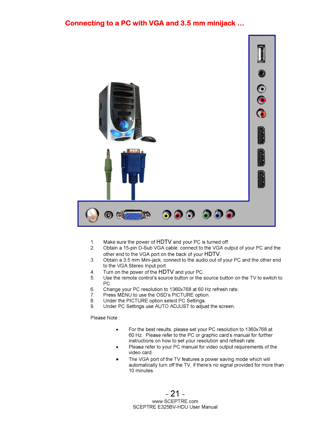 Sceptre Technologies E325BV-HDU user manual Connecting to a PC with VGA and 3.5 mm minijack … 