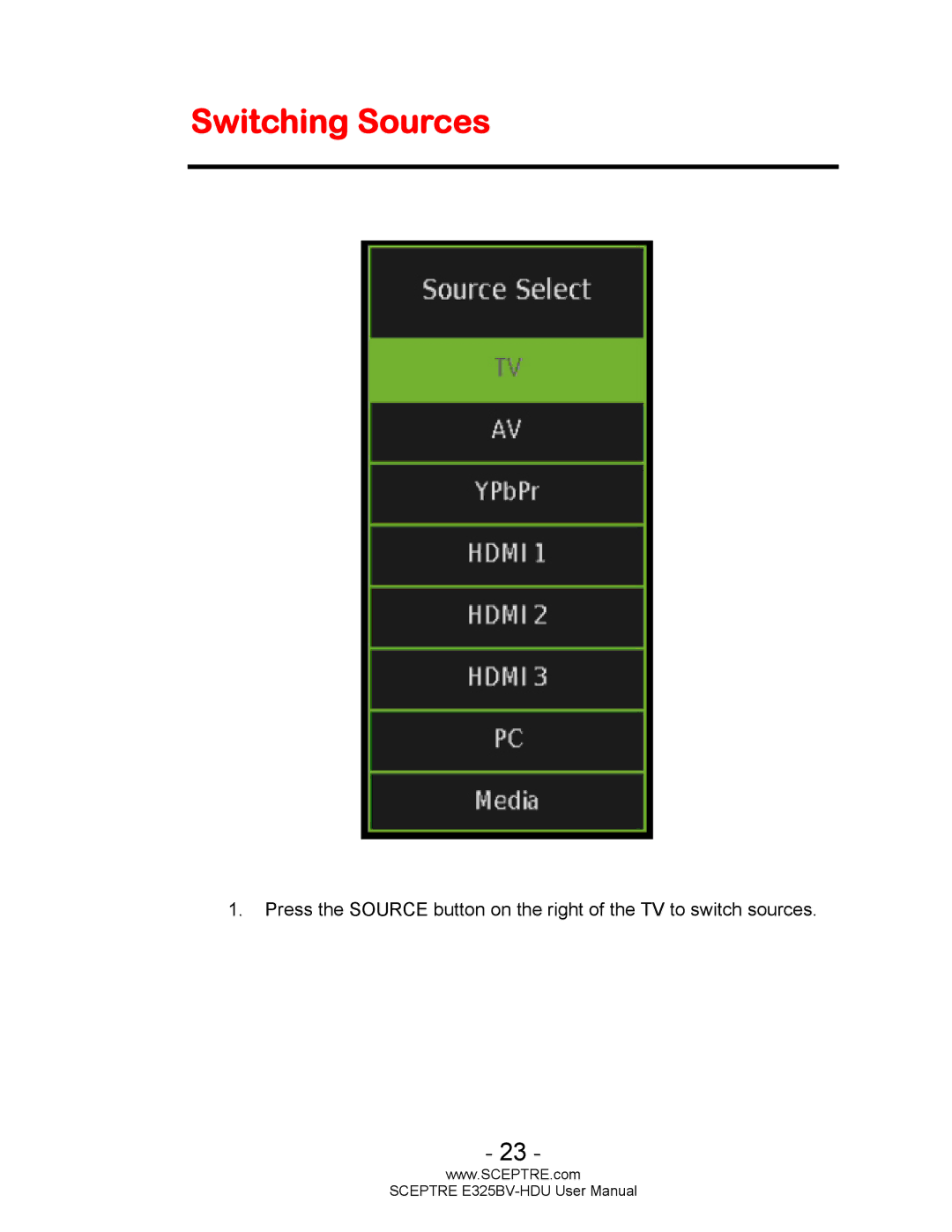 Sceptre Technologies E325BV-HDU user manual Switching Sources 